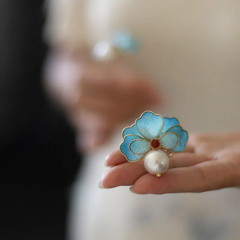 Traditional Chinese Filigree Blue Phalaenopsis U Shaped Hairpin Lucky Blessing Hair Stick For Women Hanfu Qipao Party Daily Wear