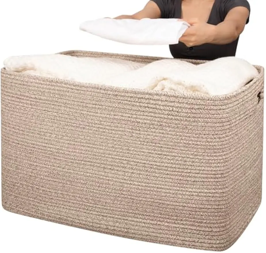 

Большая корзина для хранения из хлопчатобумажной веревки объемом 118 л, складная для одеял, игрушек и одежды, 25x17x16 дюймов, коричневая