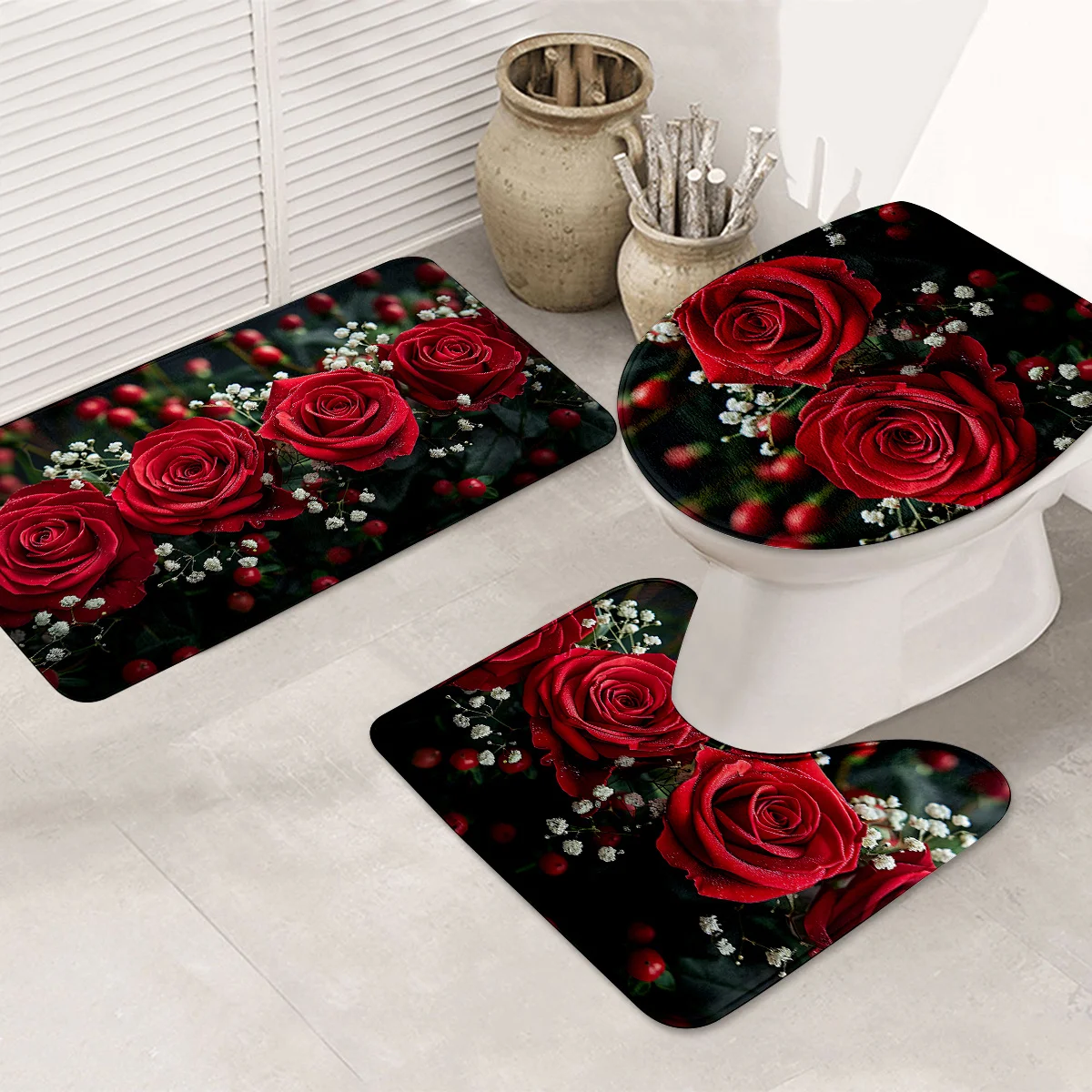 Red Rose Pattern Bathroom 3Pcs/set Mats Home Warm Flannel Decorations and Accessories Floor Rugs Toilet Cover 400*600/500*800 MM