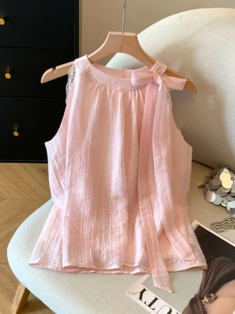 

Summer Vacation Style Pleated Strapless Loose Doll Shirt Women's Sweet Casual Top Knot Tie Neck Sleeveless Blouse