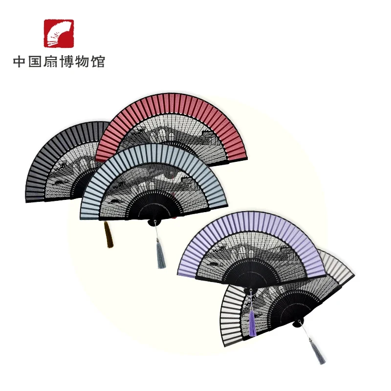 [Chinese Fan] Black bone silk hollow folding fan with tassels as a cultural and creative gift fan