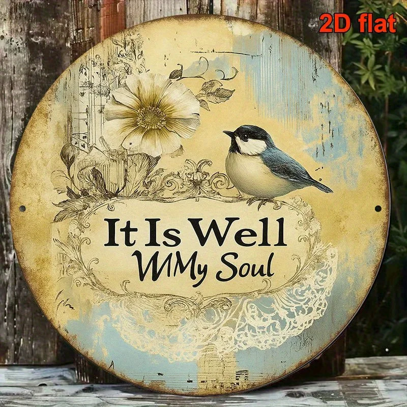 2D Flat Retro Round Metal Plaque Vintage Background Bird Floral Lace It Is Well With My Soul Farmhouse Wall Decoration Sign