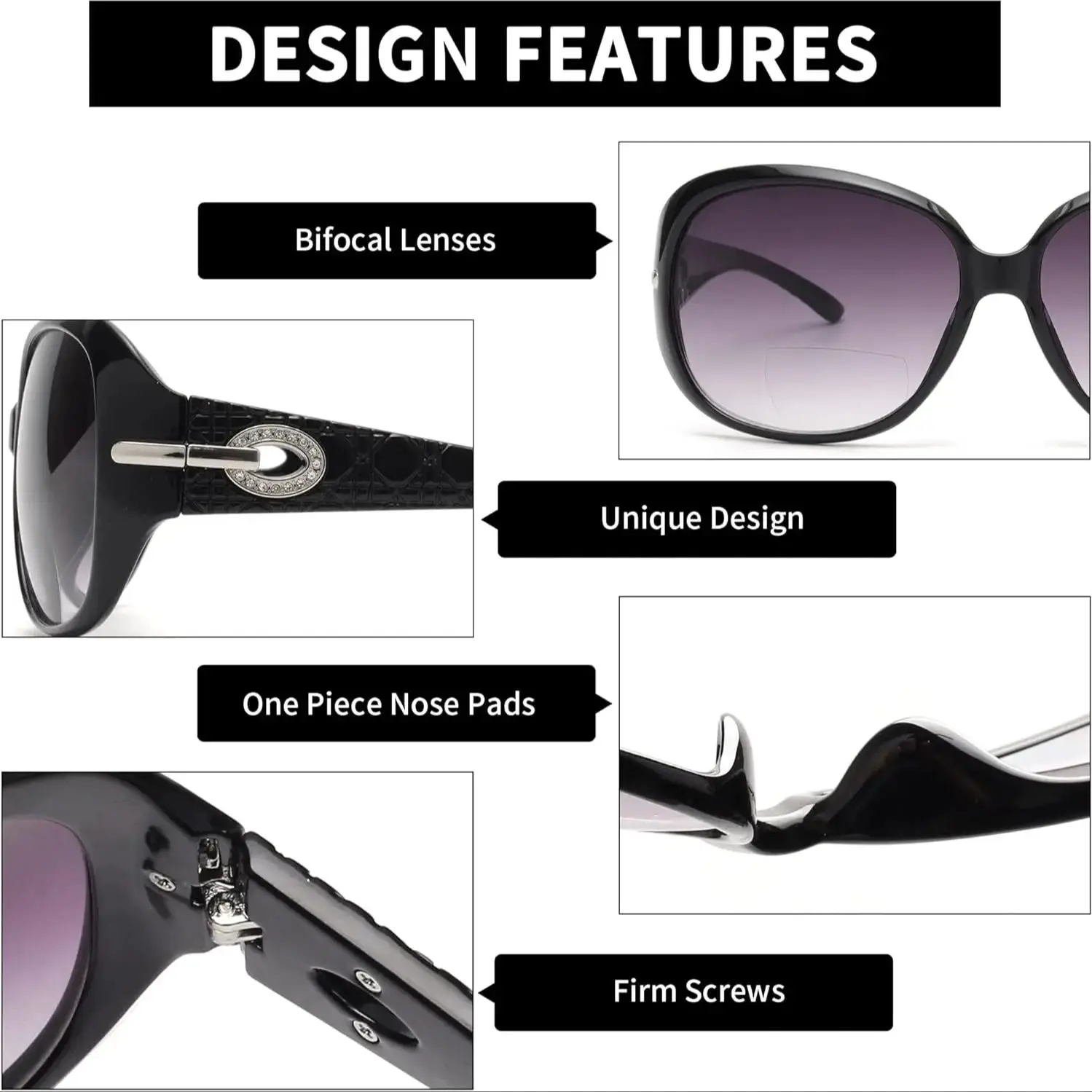 JM Large Round Bifocal Reading Sunglasses for Women Vintage Oversized Lady Reading Glasses Outdoor UV400 Protection Black +4.0