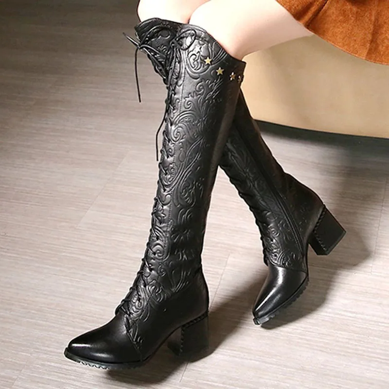 

Women's Leather Long Boots Knee High Side Zip Up With Lace-up Chunky Heels Pointed Toe Plus Size Lady Shoes 2025 PHOENTIN FT475C
