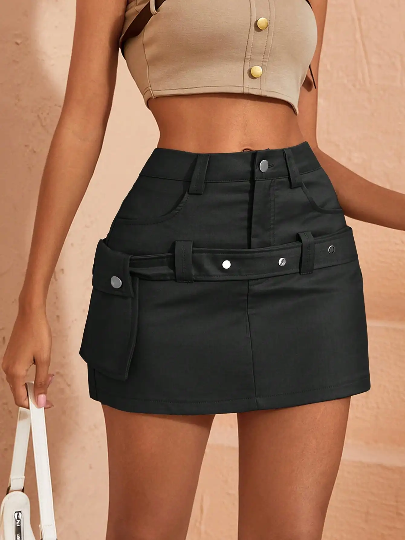 Women Trendy Chic Cargo Mini Skirt Vintage Flap Pocket Side Belt Button Detail Skirt Casual Simple Summer Streetwear Mujer