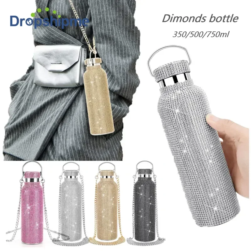 다이아몬드 보온병 스테인레스 스틸 물병, 유리 라인석 텀블러 크리스탈 병, 보온병 플라스크, 350ml, 500ml, 750ml 