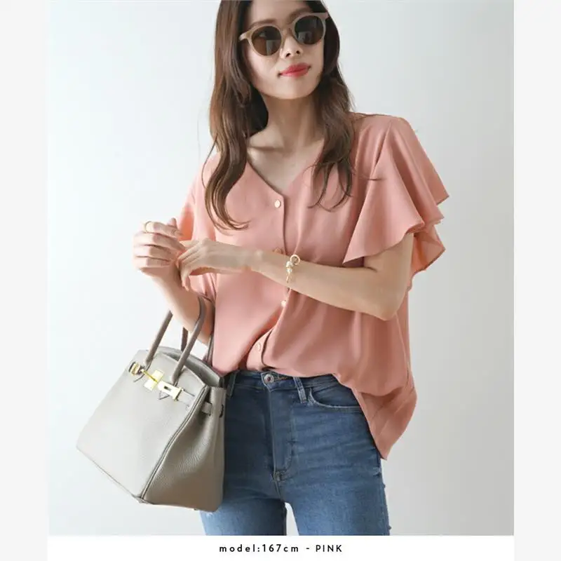 Fre Pure Color ort Sve irt Estate 2023 giapponese Sle Loose Fit V-Ne Nodo misto cotone Top con finiture in pizzo