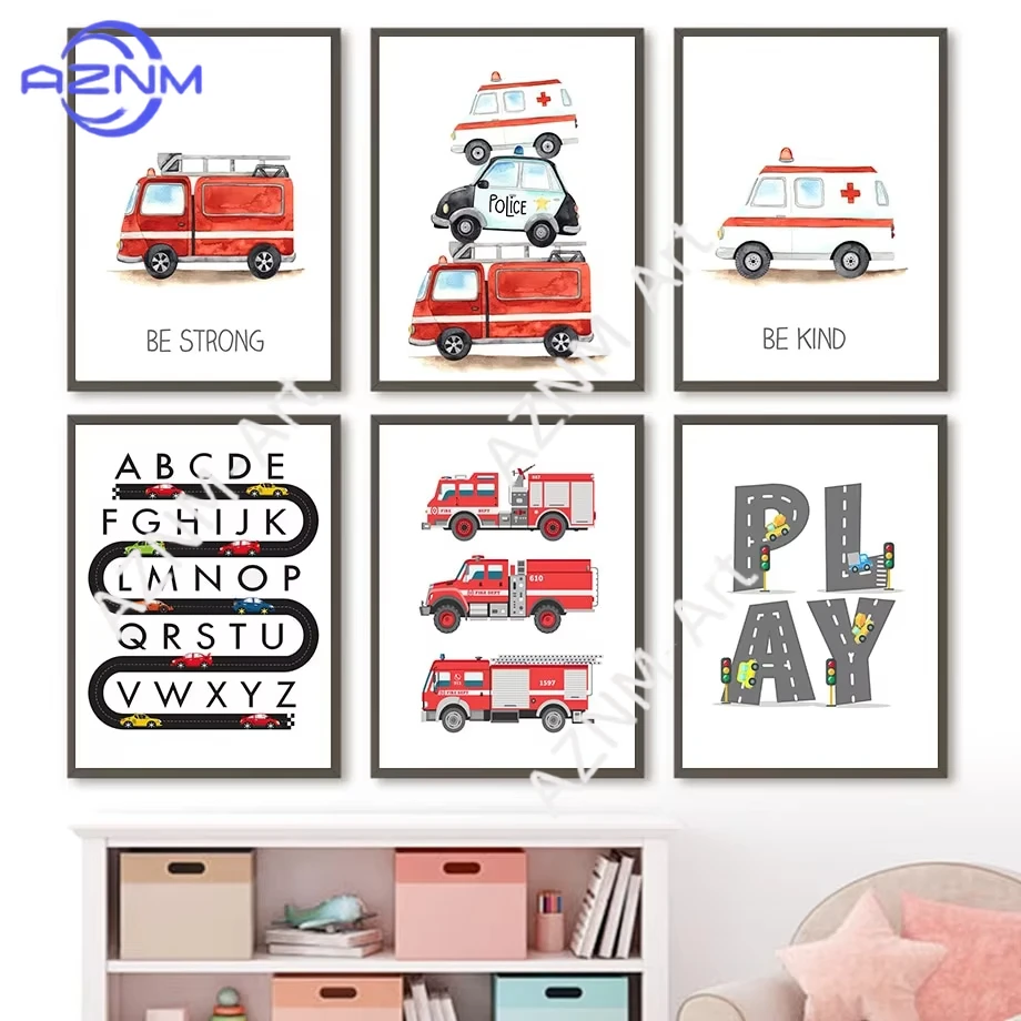 

1Pc/6Pcs Kids Room Decor Alphabet Learning Vehicles Canvas Art Fire Truck Ambulance Nursery Wall Posters