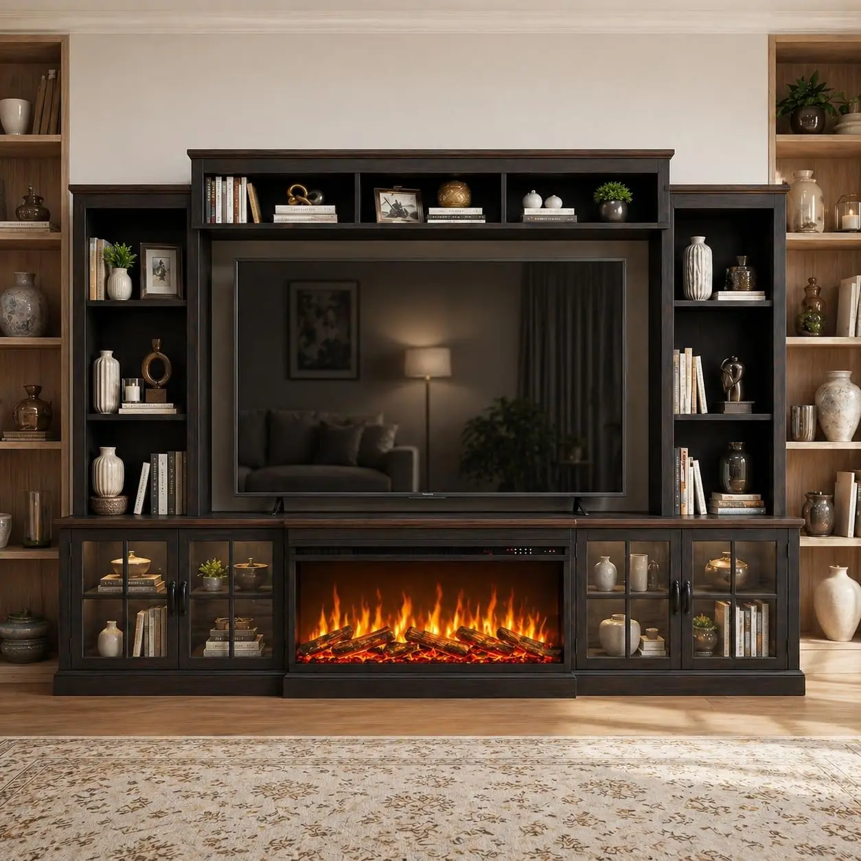 Black Farmhouse TV Stand Fireplace Bookshelf Cabinet Outlets Barn Doors 98