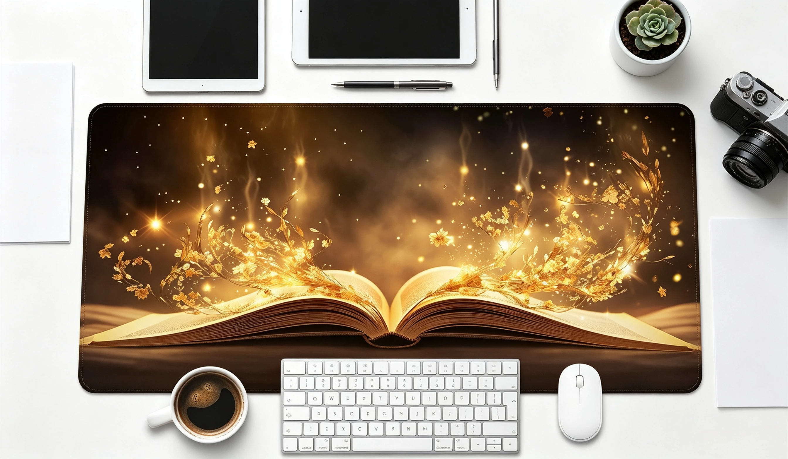 Golden Magic Book TCG Mouse Pad Extended Office Desk Mat Stitched Edge Non‑Slip Rubber Keyboard Mat for Gaming Home CP Gamemat