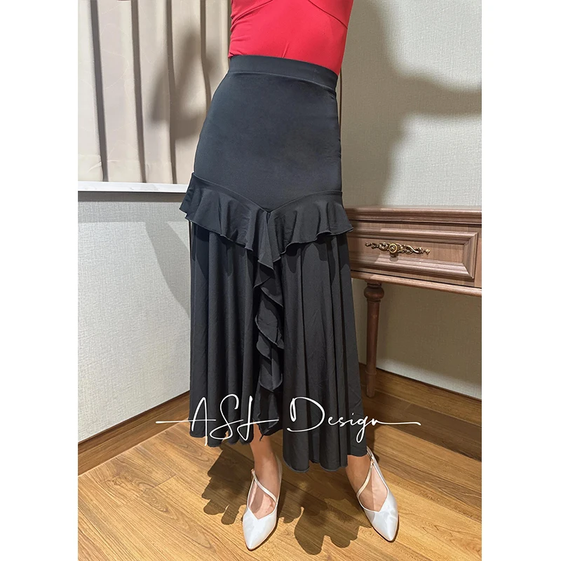 

2025 Ballroom Dance Clothes Women Black Ruffled Skirt Latin Waltz Dance Costume Practice Clothing Modern Dance Skirts BL15884
