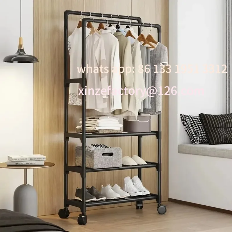 

Customizable Dual Pole Clothes Hanger Strong Load-bearing Capacity Floor Standing Coat Rack Simply Multi-storey Wardrobe Movable