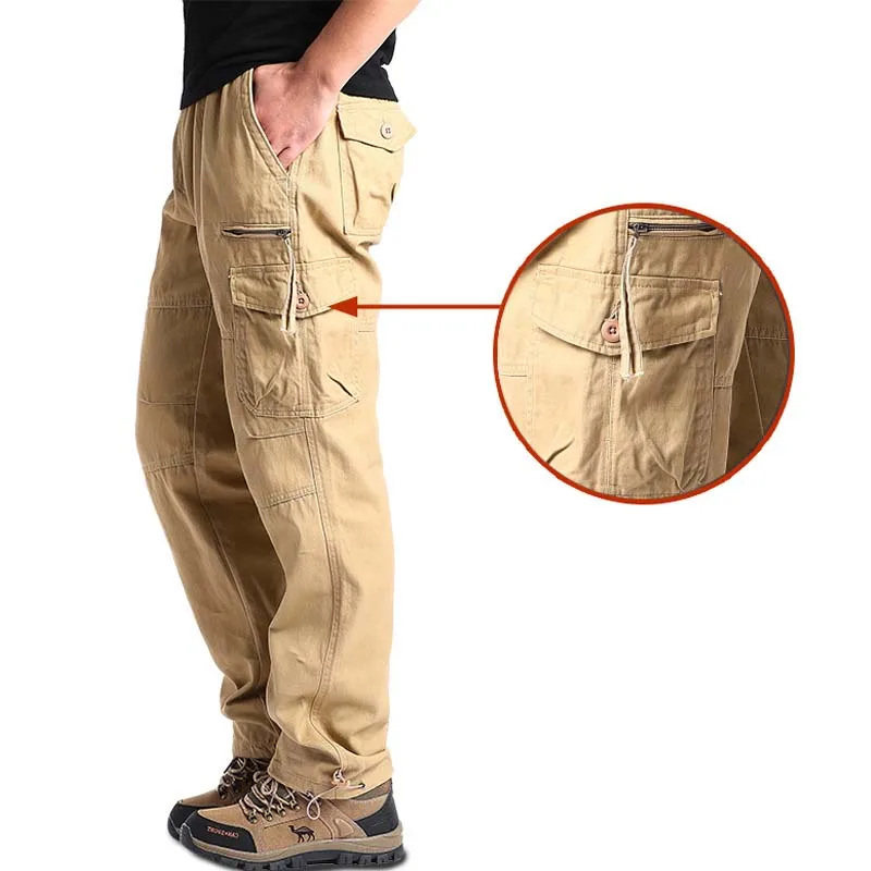 New Men Cargo Pants Cotton Casual Military Multiple Pockets Straight Spring Autumn Loose High Waist Elastic Male Trousers PAN77