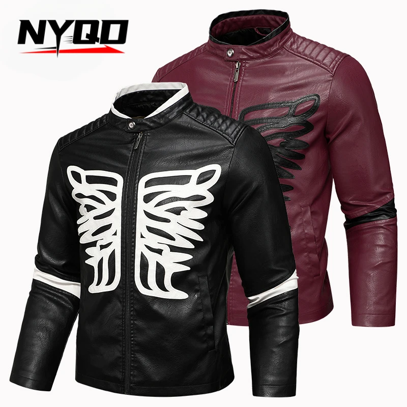 2024 New Men's PU Leather Casual Jacket Butterfly Embroidery Stand Collar Trendy Biker Motorcycle Jacket Coat Autumn Winter