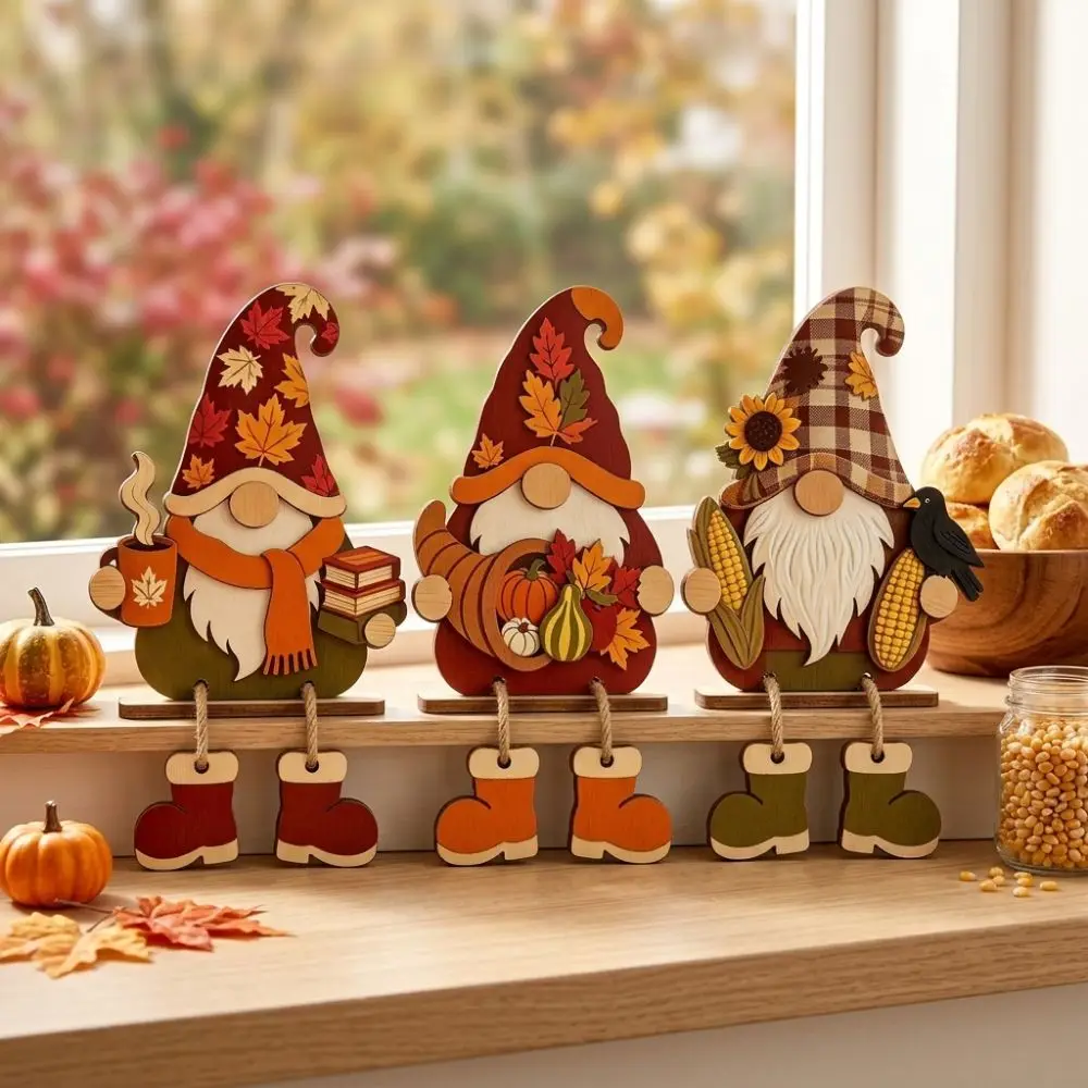 3Pcs 2D Flat Wooden Halloween Dwarf Ornament Self-Standing Vintage Fall Gnome Halloween Signs with Legs Harvest Theme