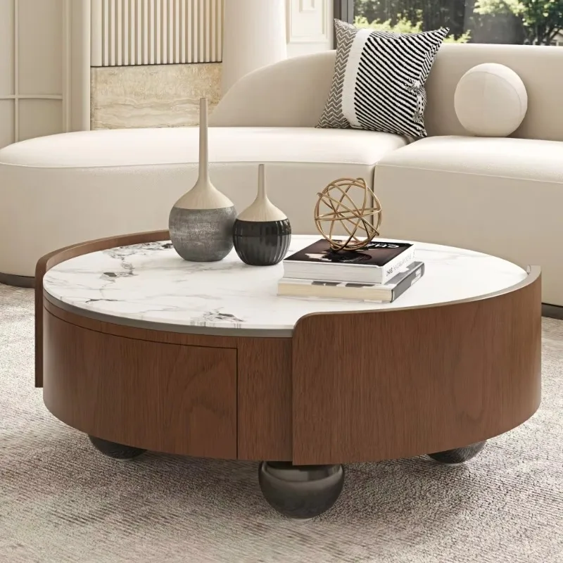 35.43-Inch round modern coffee table, marble top with storage drawers, solid wood frame