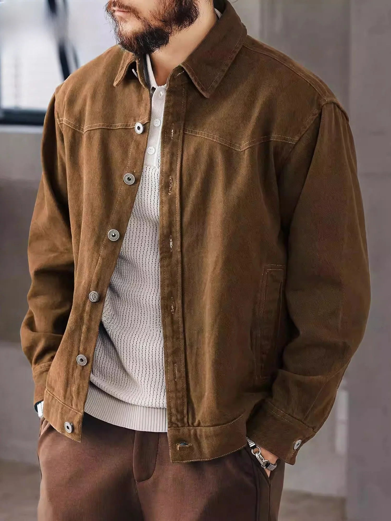 

Loose Fit Long Sve Workwear irt Men's Jaet Casual Sle Patchwork Design Heavyweight Spring Autumn New American Brand