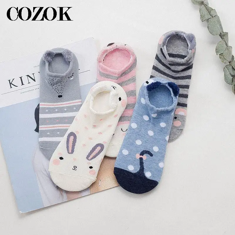 6pcs=3 Pairs Womens Cute Animal Boat Socks Pack Cartoon Kawaii 3D Ear Cotton Cat Dog Invisible No Show Short Ankle Sock Slippers