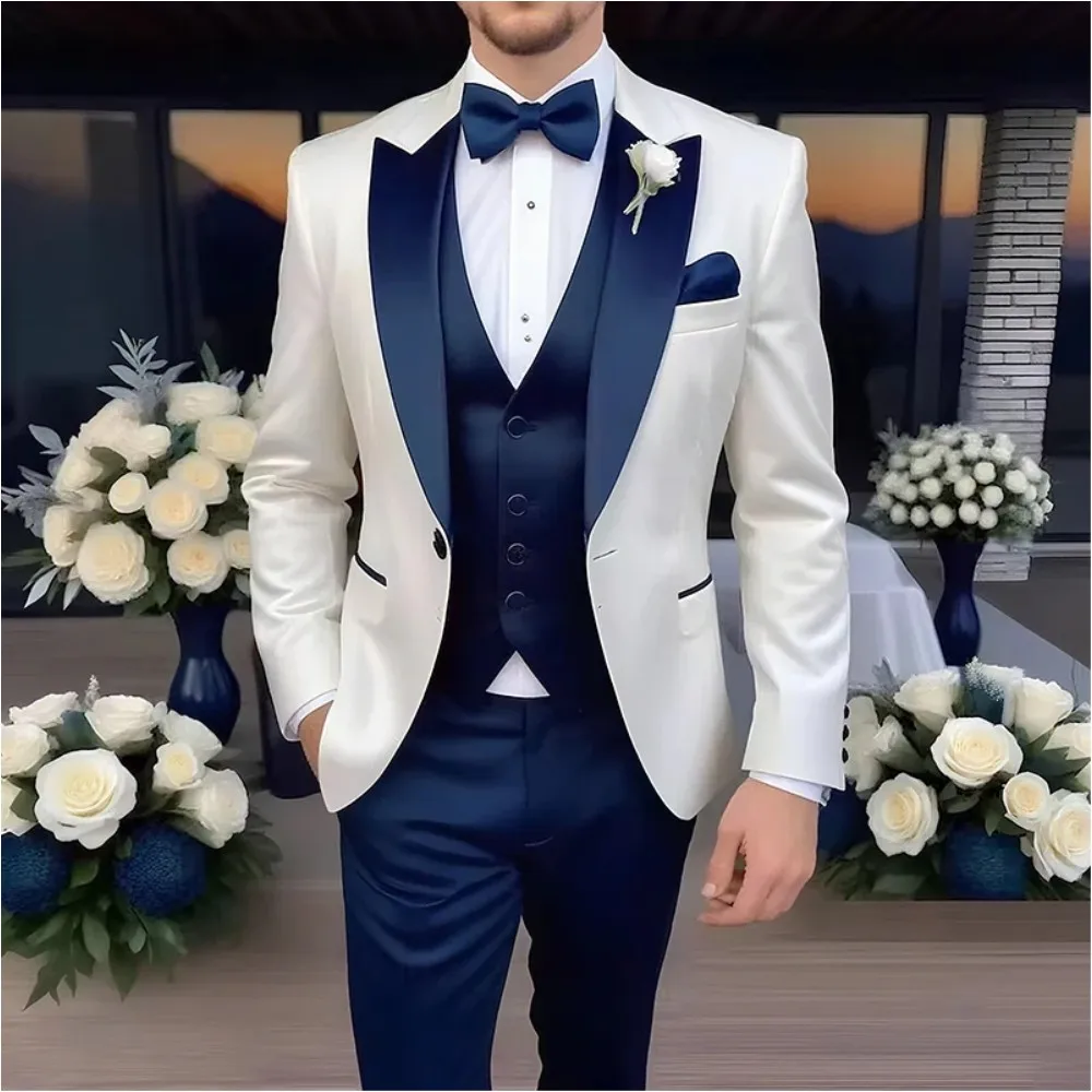 

Men Suits Formal White 3 Pieces Peaked Lapel Wedding Tuxedo Groomsmen Dinner Male Outfits White Jacket Satin Vest And Pants