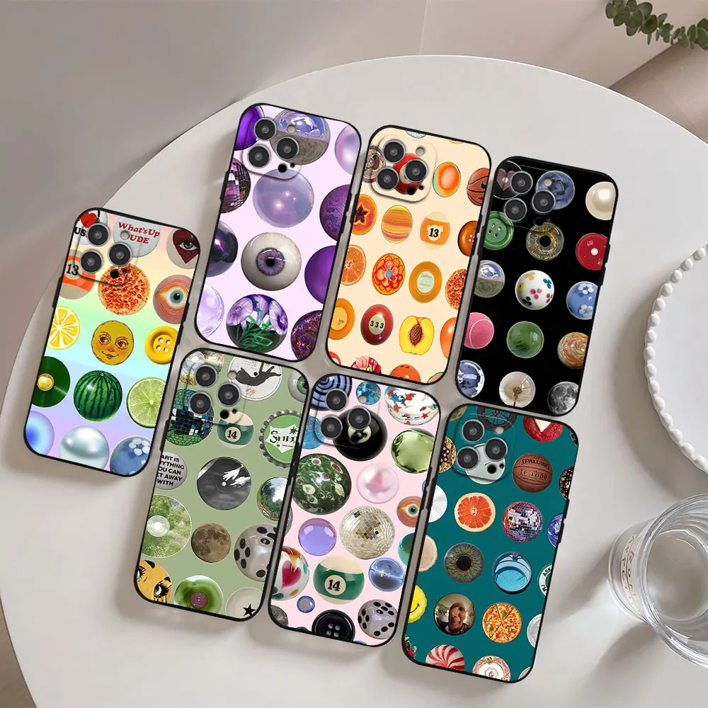 Vintage Round Circle Stuff Aesthetic Phone Case For iPhone 11 12 13 14 15 16 Max Pro Plus Black Soft Shell