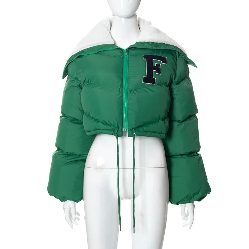 턴 다운 칼라 자켓 여성 편지 자수 긴 소매 짧은 다운 코트 Drawstring 패션 streetwear 오버 코트 New