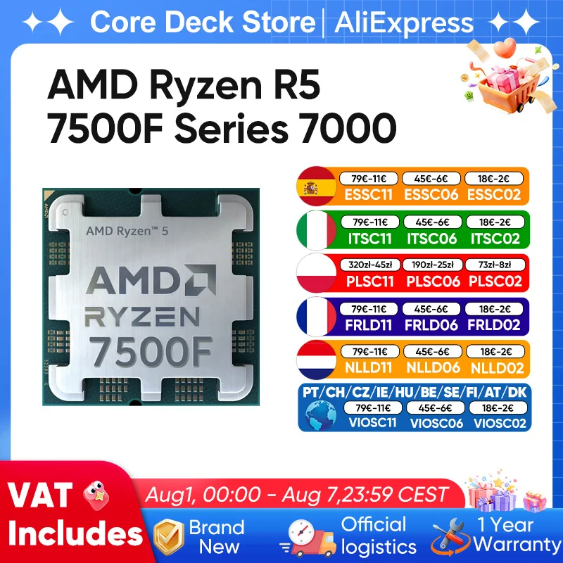 Processeur AMD Ryzen 5 7500F R5 7500F 3.7GHz 6 cœurs 12 threads 5NM L3=32M 100-000000597 Socket AM5 TDP 65W Zen4 sans ventilateur AMD 7500F CPU Processeur de bureau sans ventilateur