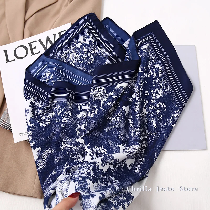 Women Spring Autumn Fashion Accessories Floral Printed 90x90cm Square Hijab Scarf Twill Imitated Silk Foulard