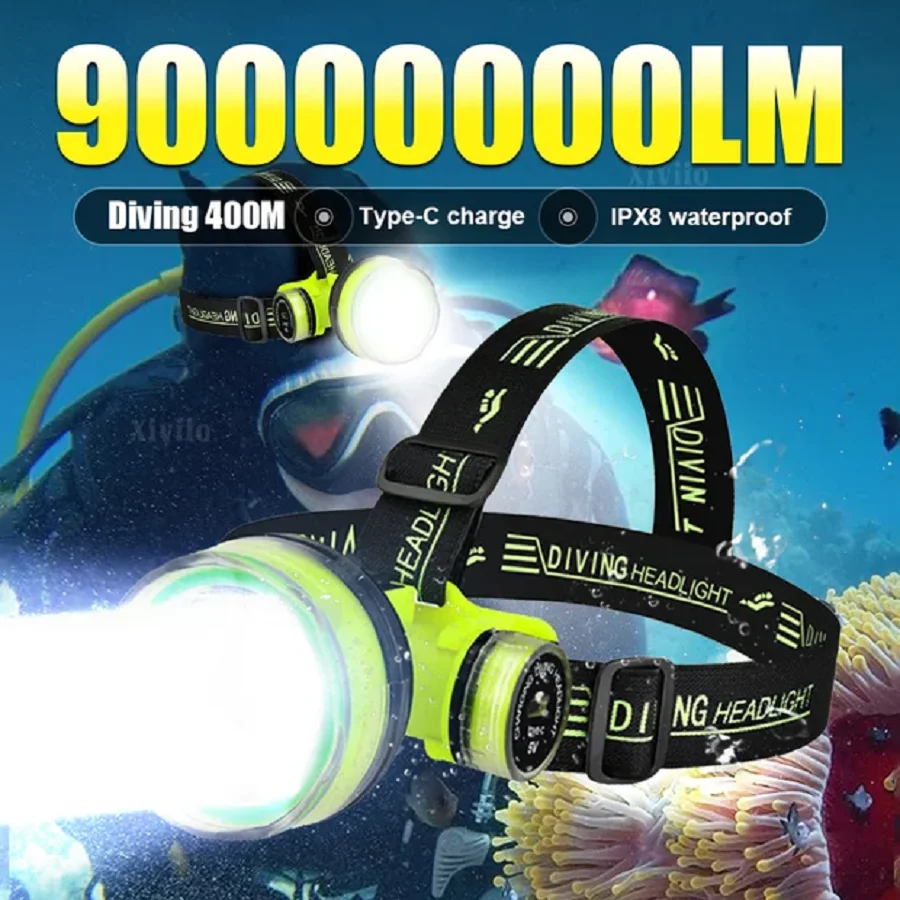 

Новый подводный налобный фонарь 2026 года, 90000000 лм, сверхъяркий, водонепроницаемый, для дайвинга и подводной охоты