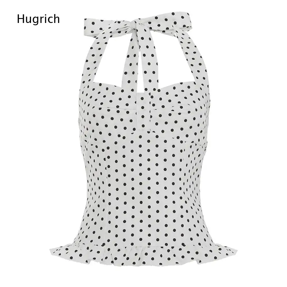 Elegant Polka Dot Halter Neck Tank Top Back Tie Cutout Detail Slim Waist Ruffled Hem Stretchy Summer Women Top