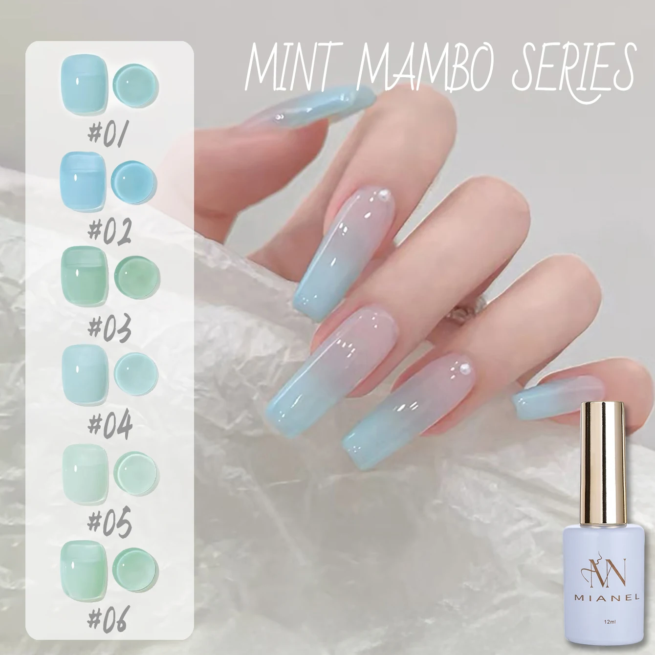 MIANEL 1-6 piezas 12ML Esmalte de Uñas en Gel Menta Mambo Más Vendido Serie Gelatina Azul-Verde Transparente Esmalte en Gel UV LED para Uñas