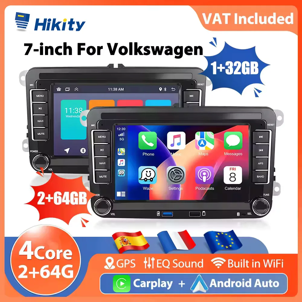 Autoradio Hikity 7 Pollici 2Din 2+64G con Carplay per VW Skoda PASSAT GOLF POLO, Lettore Multimediale per Auto con WIFI, Android Auto e Navigazione GPS