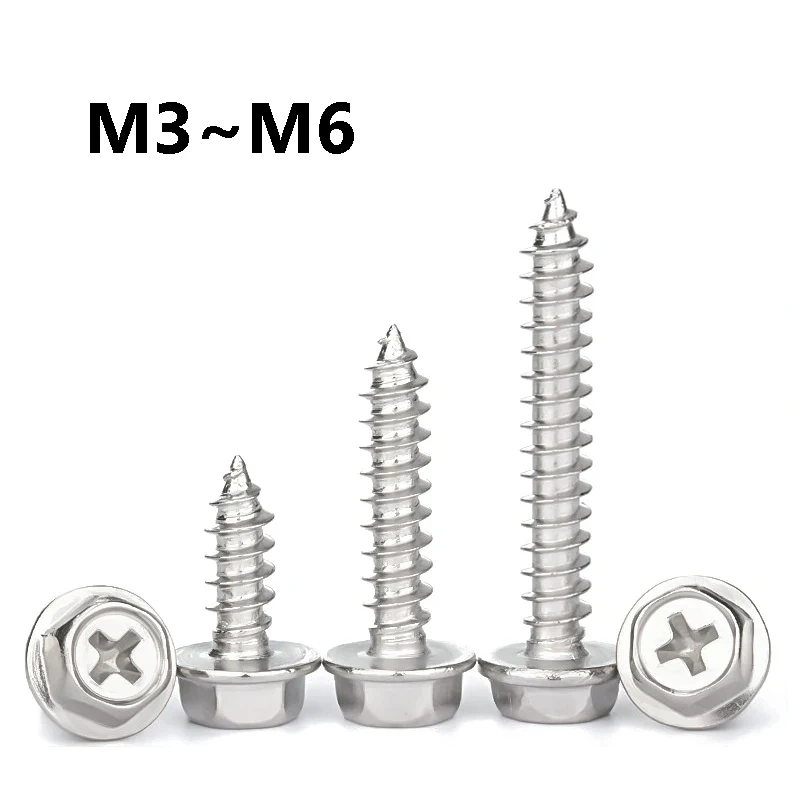304 Stainless Steel A2-70 Phillips Hex Flange Head Self-Tapping Screws M3 M4 M5 M6 Wood Screws for Furniture DIY Fasteners