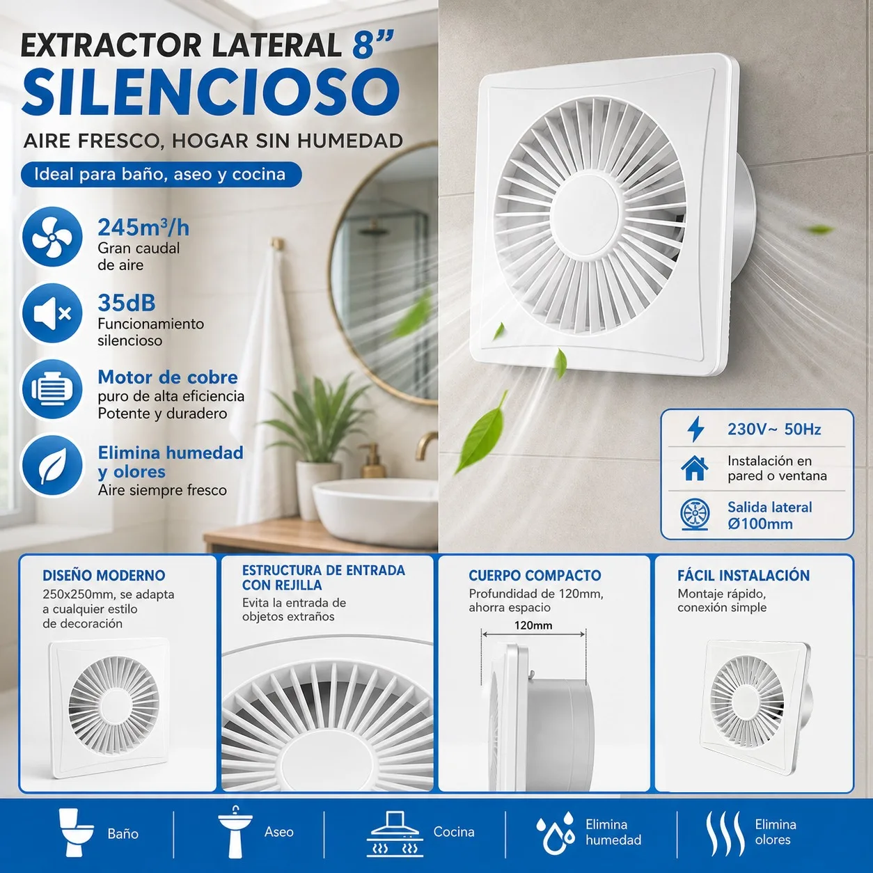 Extracteur d'air silencieux de 8 pouces pour salle de bain et cuisine, ventilateur mural de 25x25 cm avec moteur en cuivre, débit d'air de 245 m³/h, 230 V, sortie latérale de 100 mm, grille de protection blanche