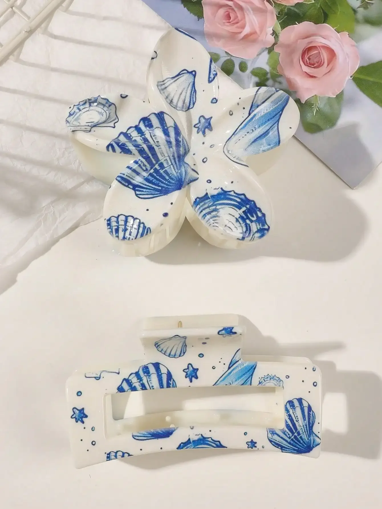 

2pcs Seashell Starfish Blue Print Flower Square Claw Hair Clip Bohemian Beach Style Hair Accessories For Women