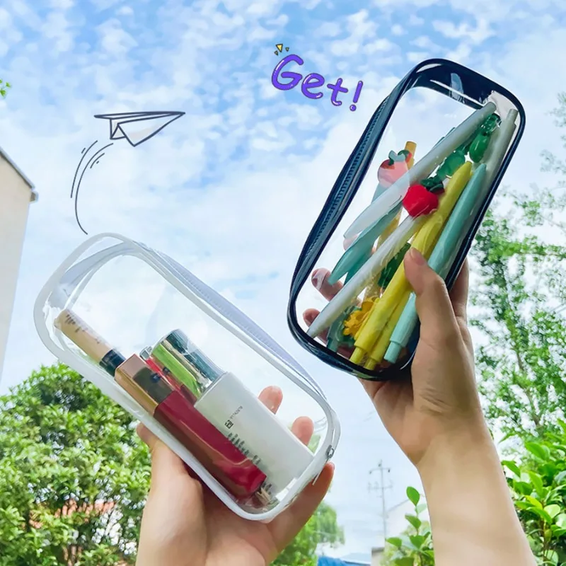 Simple Transparent PVC Waterproof Pencil Case Cute Students Pen Bag INS Students Pen Bag Storage Bag Cosmetic Bag Stationery