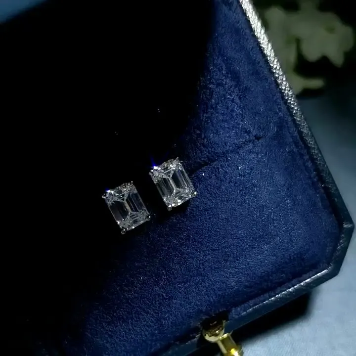 S925 Sterling Silver High Carbon Diamond Earrings Emerald Cut Simple Silver White 6*8 Rectangle Silver Jewelry Wholesale