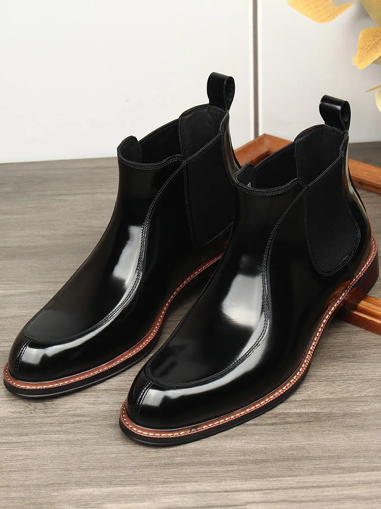 New Autumn and Winter Men's Business Dress Shoes Shiny Leather Pointed High Top Short Boots