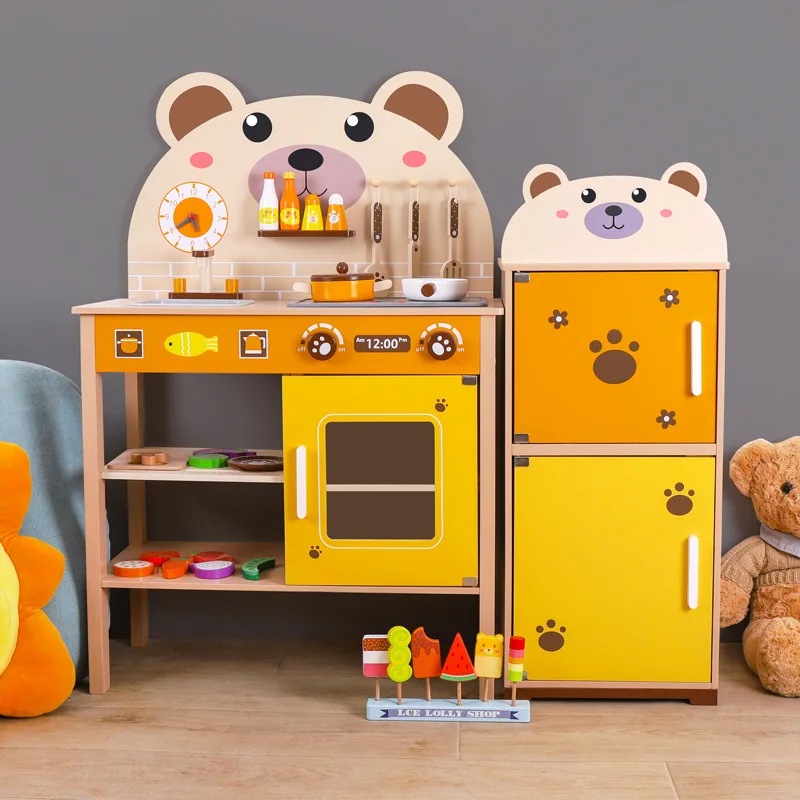 Sound Light Simulation Wooden Bear Kitchenware Toy Set MDF Packaged Box Accessories for Home Play Refrigerator for Girls