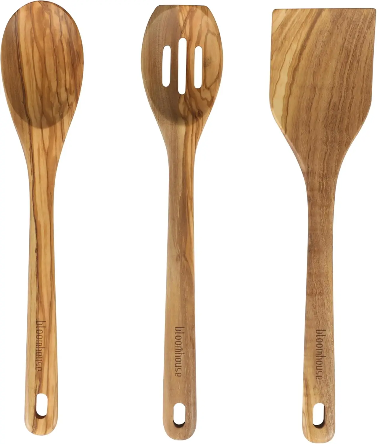 Juego de utensilios de cocina de 3 piezas de madera de olivo italiana – Espátula extra grande de 14 pulgadas, cuchara y cuchara ranurada, herramientas de cocina de madera duraderas