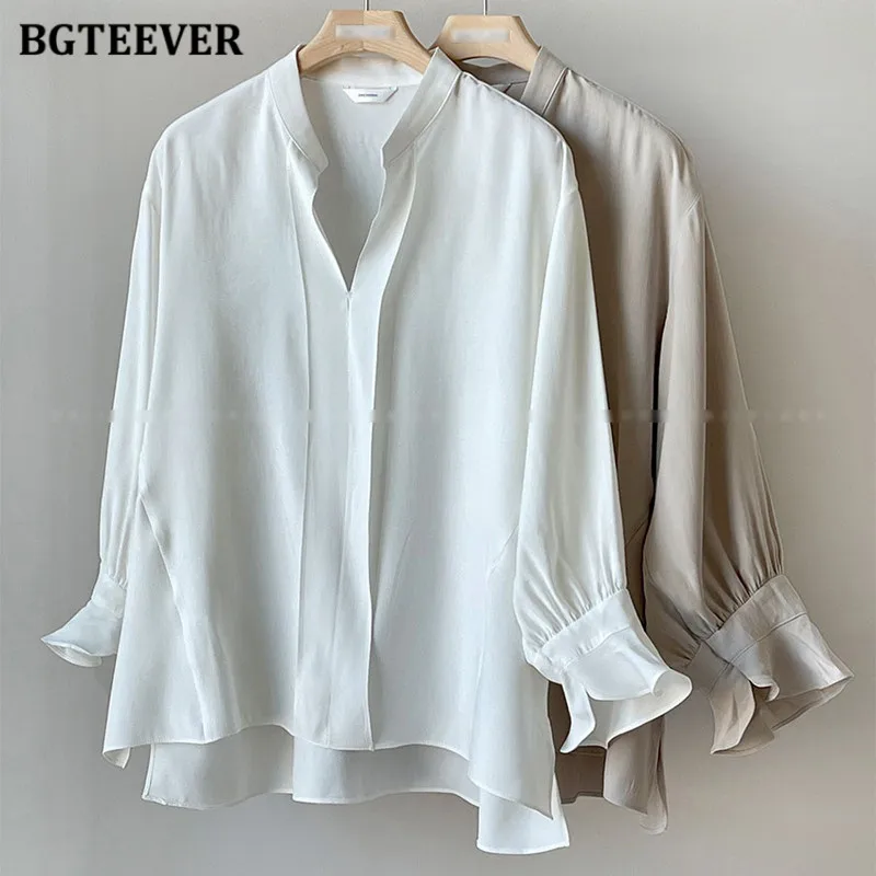 BGTEEVER Elegant V-neck Loose Female Pullovers Blouses Stylish Flare Sleeve Women Chiffon Shirts Autumn Ladies Solid Tops