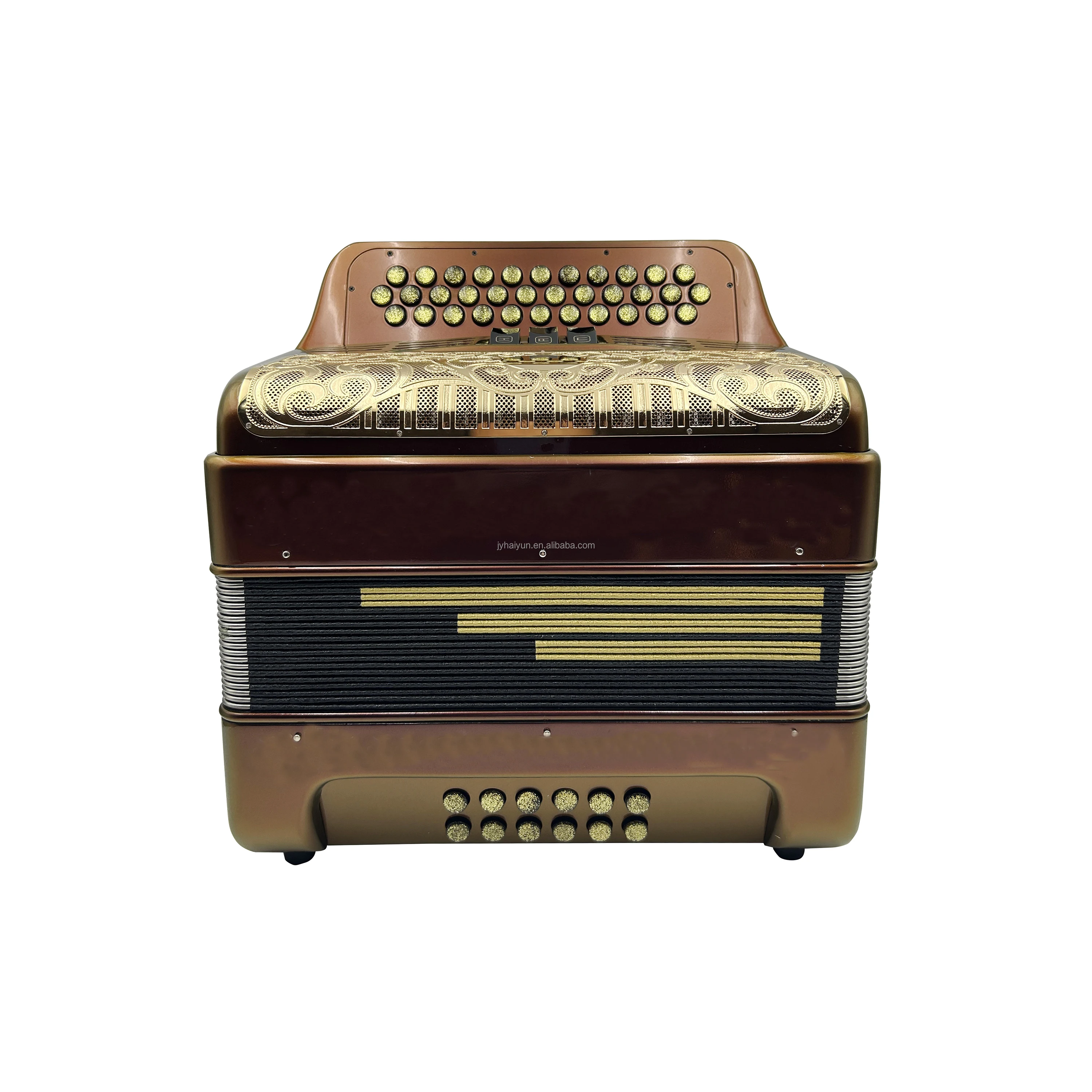 

Professional 34-Button 12-Bass 3-Registers Orange Red Accordion Diatonic JB3412C Instrument With Gold Grill Buttons