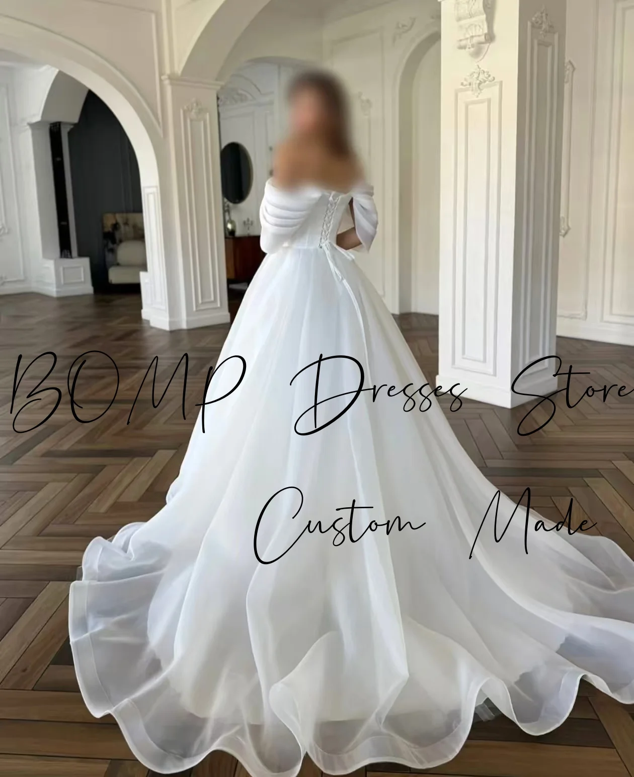 BOMP プリンセスホワイトウェディングドレス恋人オフショルダーコルセットドレープスイープトレインアイボリーオーガンザブライダルドレスカスタマイズされたエレガント