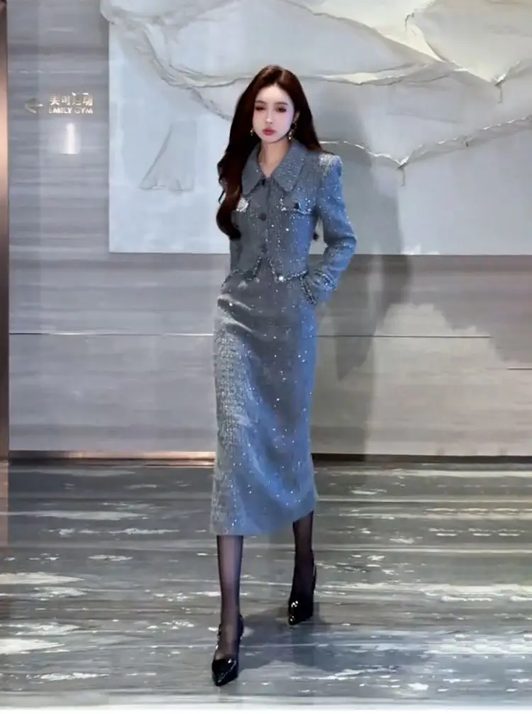 Gonna da pendolare da donna da ufficio di fascia alta in stile francese Set autunno sottile cappotto corto avvolgente gonna aderente all'anca set da due pezzi abiti da donna