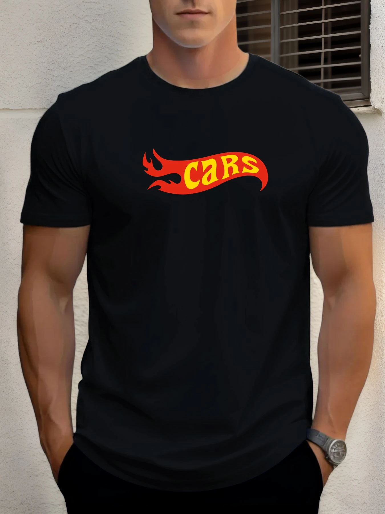 

Men's cotton T-shirt, summer round neck short sleeves, flame car printing breathable street clothing fashionable cool T-shirt