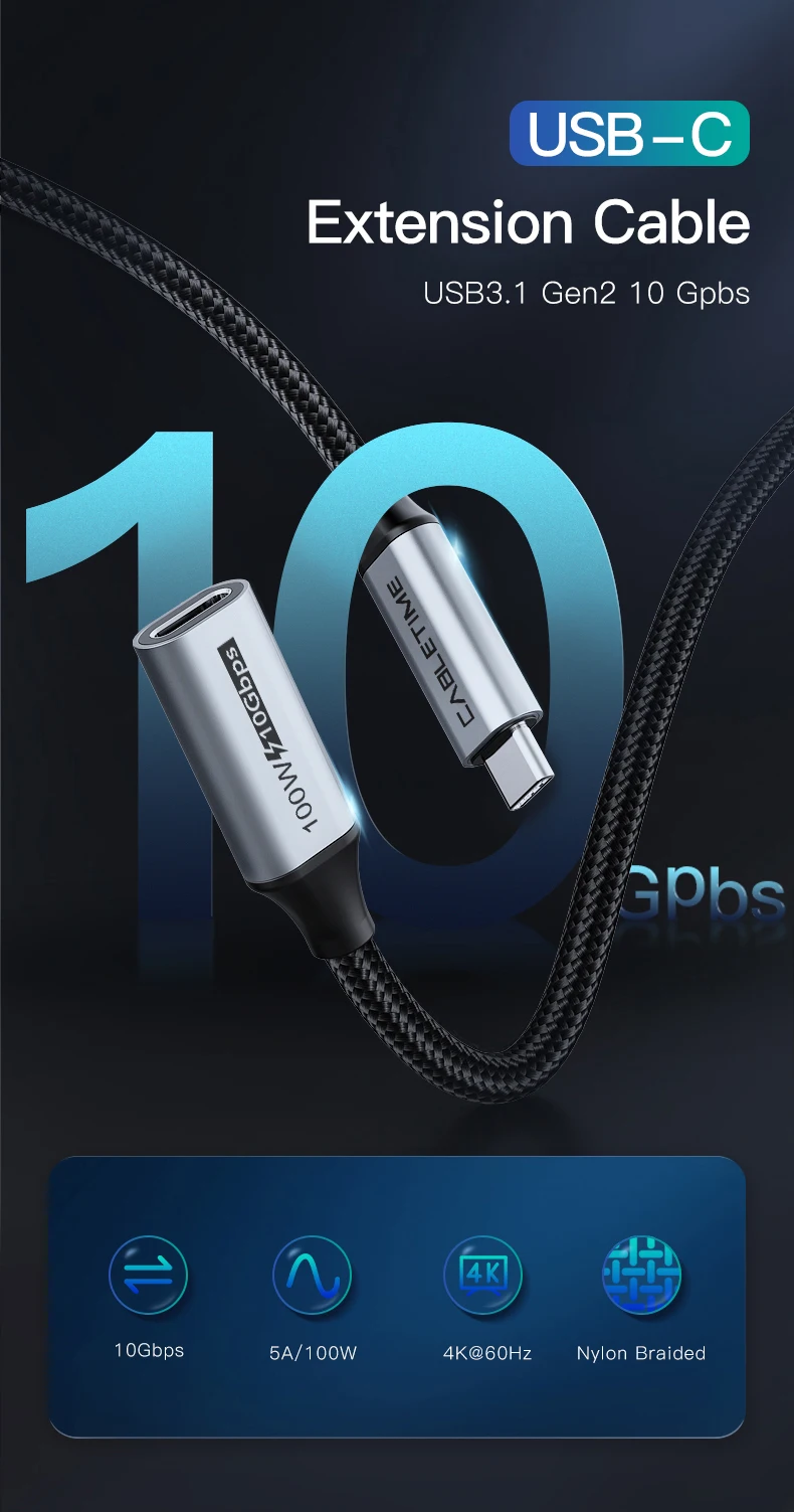 CABLETIME USB-C Verlängerungskabel Typ C Gen 2 Verlängerungskabel 4K 60Hz PD100W 10Gbps für Macbook Laptop iPhone Verlängerungskabel – Detail 2