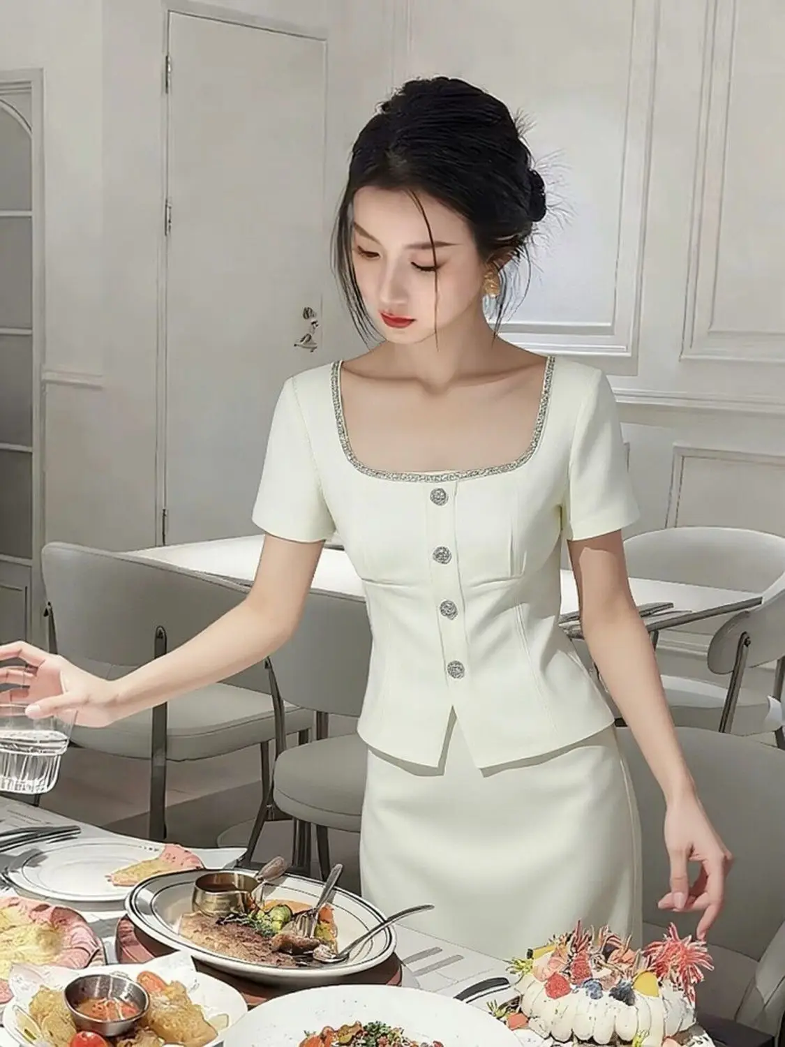 New French High End Small Fragrance Women's Suit Fashion Beading Square Collar Short Sleeve Top + Mini Skirt 2 Piece Set Summer
