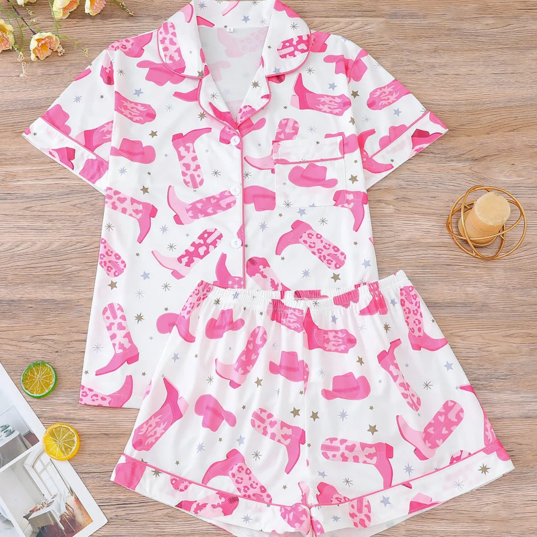 

Розовый женский пижамный комплект, пижама с принтом на тему ковбойского кактуса, с лацканами, короткими рукавами и шортами, рождественский подарок