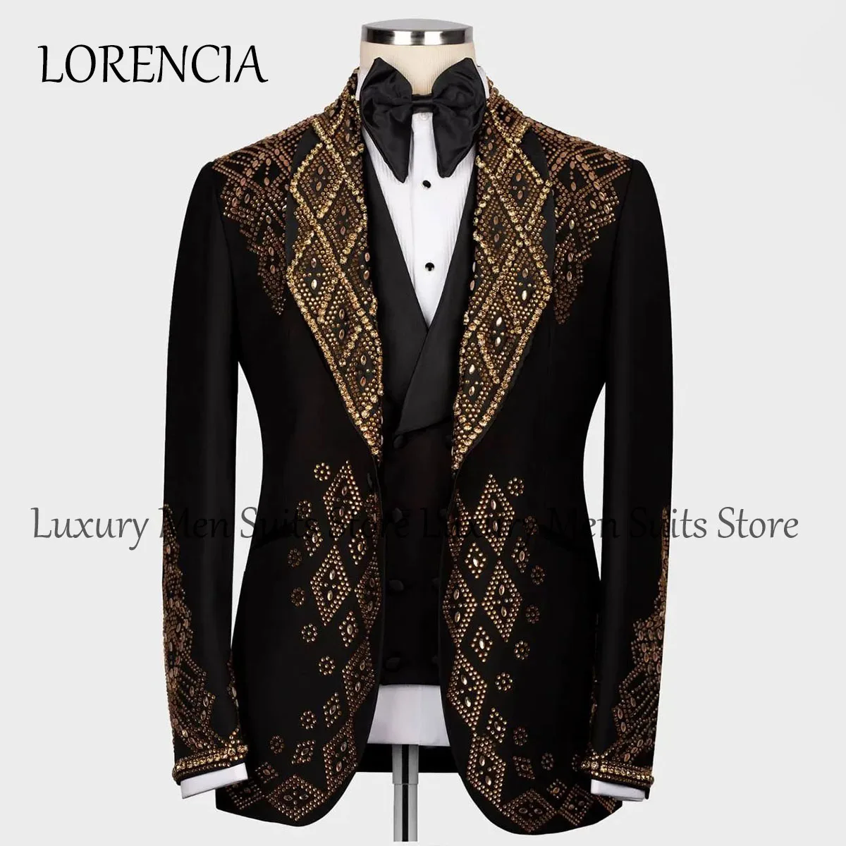 Customized Beaded Crystals Men Suits Peaked Lapel Groom Wedding Tuxedos 3 Pieces Sets Male Party Blazers Slim Fit Costume Homme