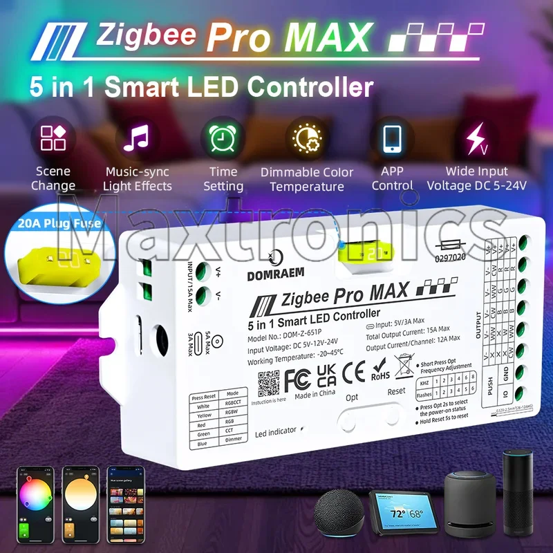 NEW DOMRAEM ZigBee Pro Max 2/3/5-In-1 LED Controller With External 20A Fuse DC5~24V 12A/CH Max 16AOutput For LED Strip Lights
