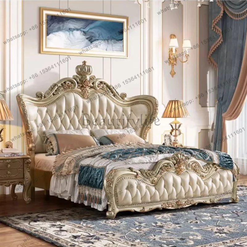 FG genuine leather solid wood Double bed 180x200cm Nordic high-end luxury bed 2 people elegant comfortable cama box casal furnit